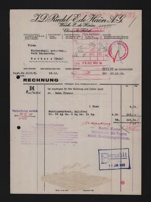 SEELZE, Rechnung 1929, J. D. Riedel-E. de Haen AG Chemische Fabrik