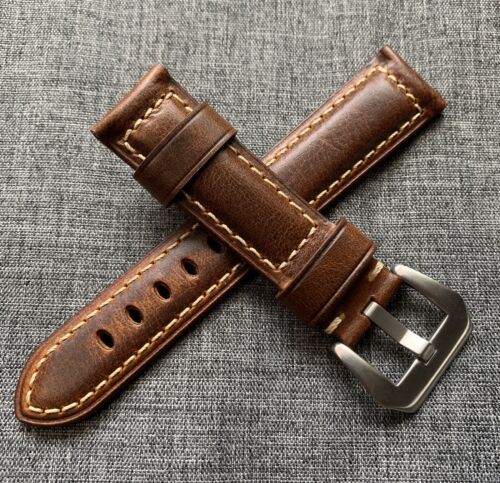 Full Grain Vegetable Tanned Italian Watch Strap Stitched Brown 18/19/20/21/22/24 - Picture 1 of 6