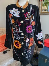 Indigo Moon Qvc Floral Embroidered Duster Coat In Black Velvet Size M
