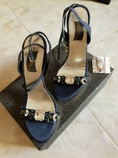 Sandalo gioiello tacco alto da cerimonia In Raso Blu dora Tg.39 Pietre Swarovski