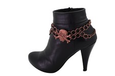 Women Bronze Color Metal Boot Chain Links Bracelet Anklet Skeleton Skull Charm