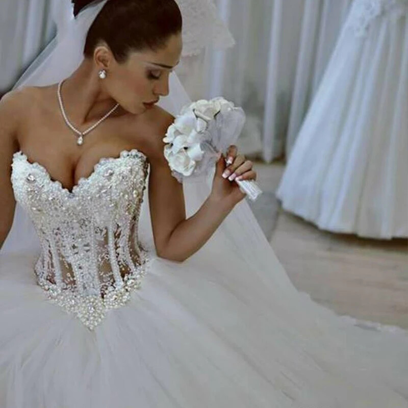 Ivory Pearls Wedding Dresses Ball Gown Sweetheart Vintage Princess Bridal  Gowns | eBay