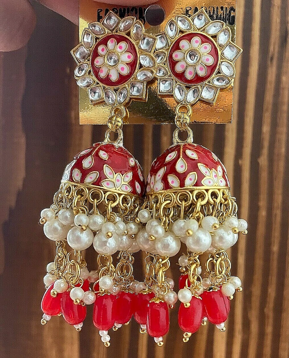 fcity.in - Anix Meenakari Wired Beads Round Jhumka Earrings Red / Twinkling