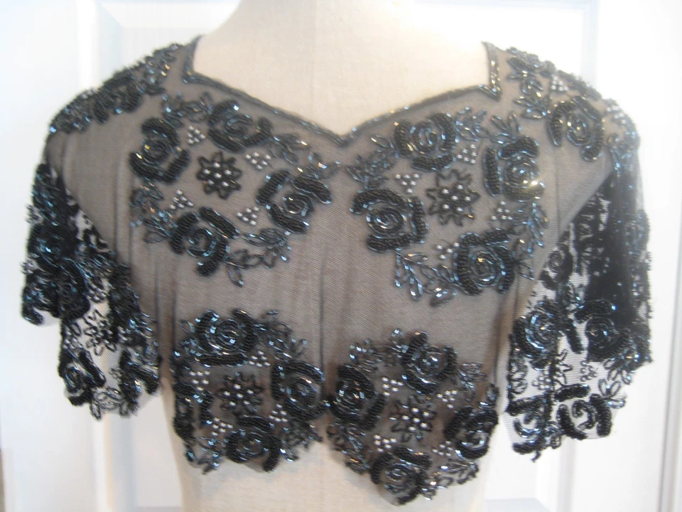 Raro De Colección Negro Cuentas Perla Floral Cuello de Noche Boda Transparente Capelet Encogerse de hombros Foto 2 de 4