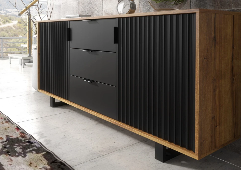 Sideboard 140cm Modern Cabinet | Slatted Doors Drawers | Sleek Design Unit - Image 3 of 4