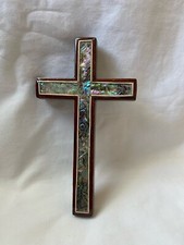 Small Egyptian Paua Shell Blue Green Handmade Inlaid Wooden Cross 7" # 220
