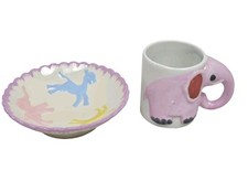 Vintage Pink Elephant 3D Cup Bowl Set MidCentury Ceramic Nursery Animal Kitsch
