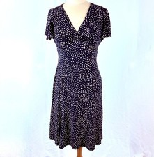 Chaps Navy Blue with Polka Dots Dress S Cap Sleeves A-Line Career Jersey