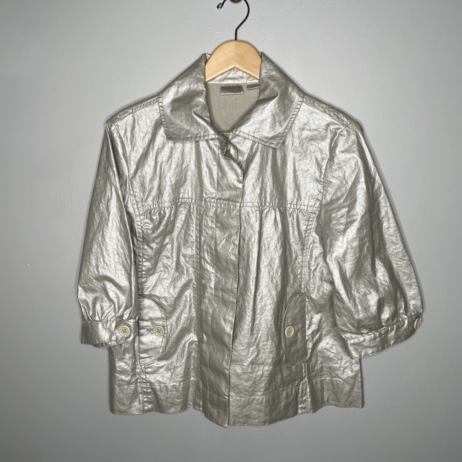 Chicos Silver Linen Button Front Lightweight Meta… - image 1