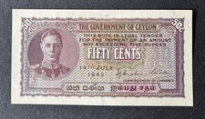 CEYLON 50 CENTS BANKNOTE 14-7-1942 P45a