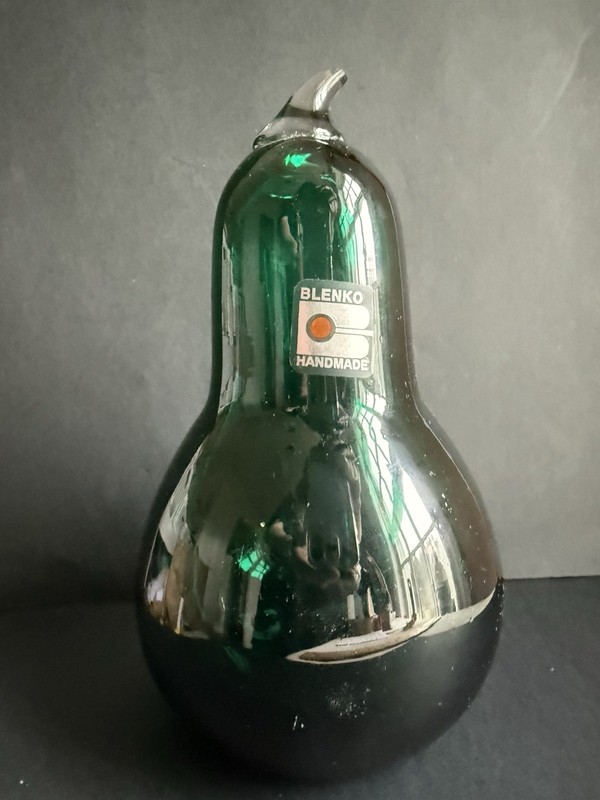 VINTAGE Blenko Art Glass Pear, Dark Green, Hand Blown, 6.75” H