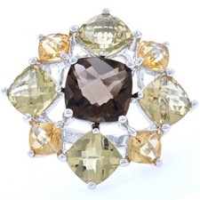 Sterling Smoky Quartz  Citrine Flower Halo Ring - 925 Cushion 9.10ctw Size 5