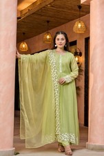 Women Green Embroidered Kurta Set with Dupatta Ethnic Indian Suit Festive Wear