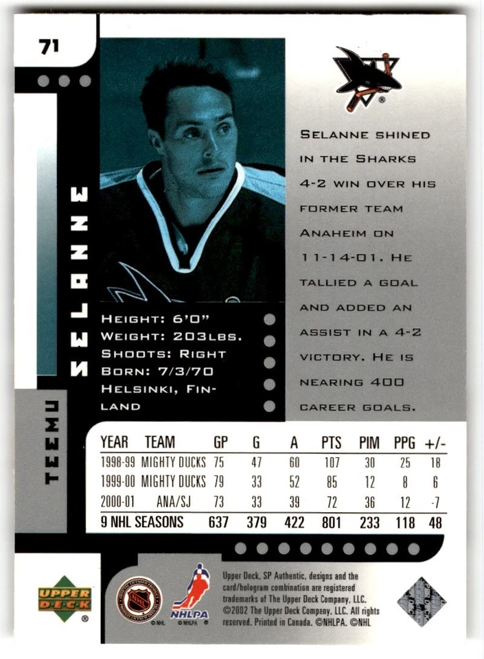 2001-02 SP Authentic Teemu Selanne #71 San Jose Sharks - Image 2 of 2
