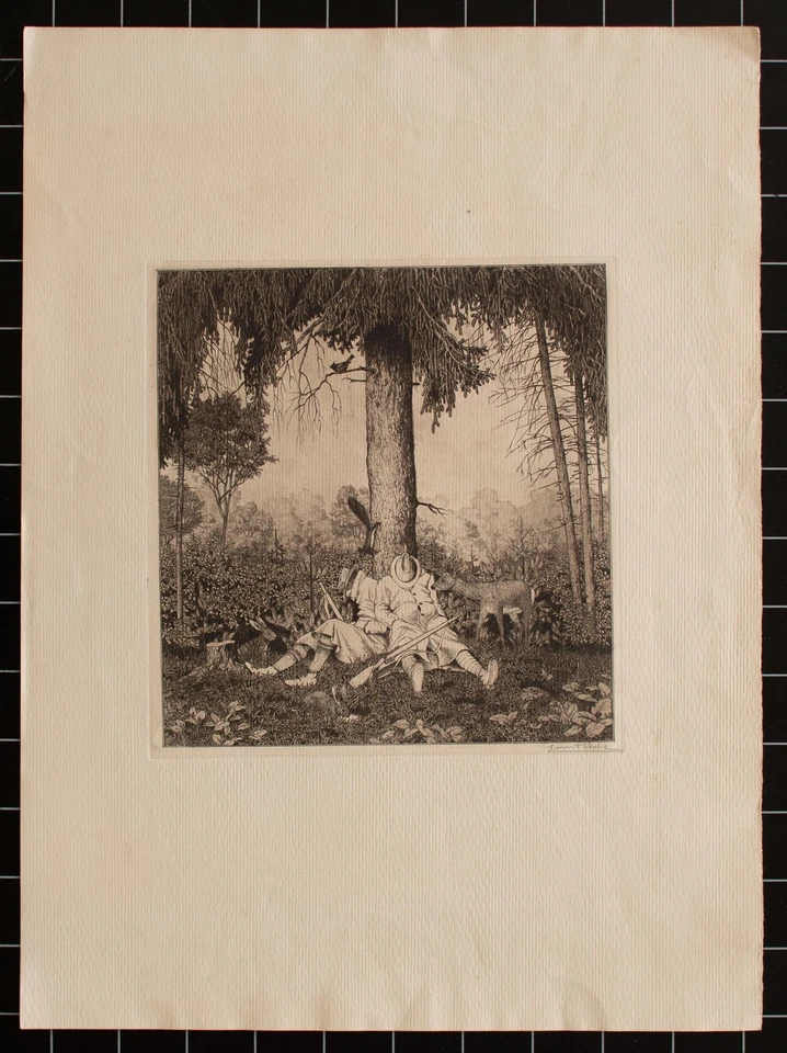 Ernst Peche Schlafende Jäger Jagd Humor Jugendstil Radierung signiert 1920 - Bild 2 von 4