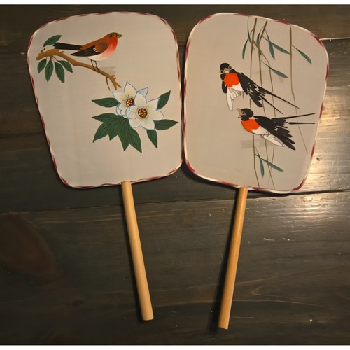 Vintage Hand Painted Asian Fans Birds Floral Decor Wall Art Set of 2