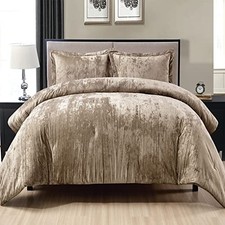 Crinkle Velvet Comforter Set, 3 Pieces Crinkle Velvet Face and King Khaki