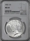 1922-P  $1 PEACE SILVER DOLLAR  "PHILADELPHIA MINT"  NGC MS64 #6796235-001