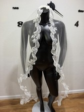 Long Bridal Wedding Veil White Ivory Floral Lace Edge Tulle Hair Comb