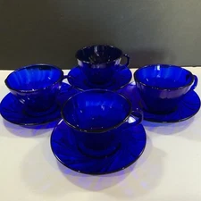 Duralex Rivage Cobalt Blue Cup and Saucer 4 Sets Glass Made In France #52