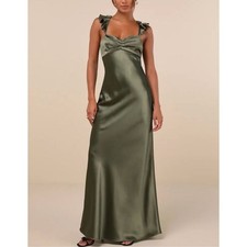 NWT Lulus Women's Exuberant Luxury Green Satin Ruffled Lace-Up Maxi Dress M