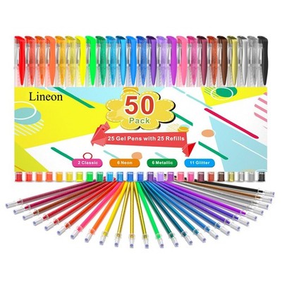 Gel Pens, 50 Pack Pen Set 25 Colored 1 Count (Pack of 50), Multicolor