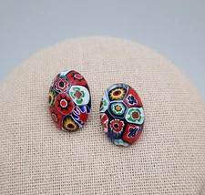 Vtg Millefiori Murano Art Glass Oval Domed Post Earrings Venetian 3/4 in
