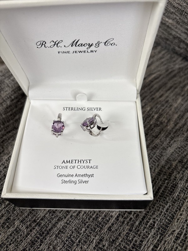 New In Box R.H. Macy's & Co Sterling Silver Genuine Amethyst  Earrings $100