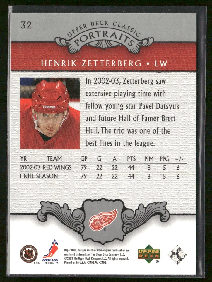 2003-04 Upper Deck Classic Portraits Henrik Zetterberg #32 Detroit Red Wings - Image 2 of 2