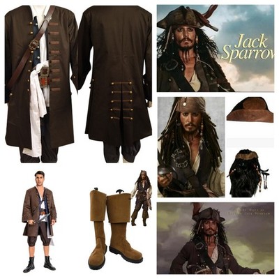 Jack Sparrow Pirate Jacket cosplay Costume/Captain Boots shoes/Hat+Wig+Beard