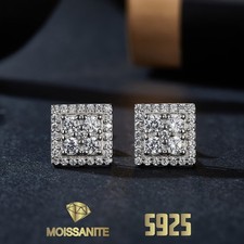 Moissanite Real Mens Real Solid 925 Sterling Silver Iced Hip Hop Square Earrings