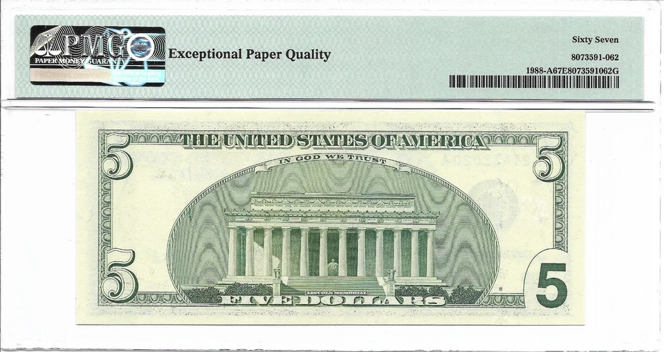 2001 $5 BOSTON FRN. PMG SUPERB GEM Uncirculated 67 EPQ Banknote. - Image 2 of 2