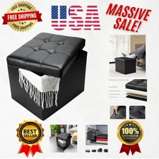 Compact Folding Ottoman with Hidden Storage and Foam Padding, 17x13x13in, Black