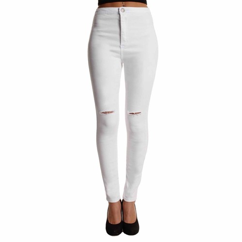 NEW LADIES HIGH WAISTED RIPPED KNEE WHITE SKINNY JEANS WOMENS RIP CUT JEGGINGS - Picture 8 of 13