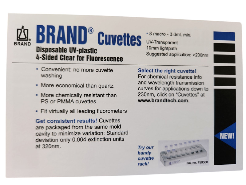 (8) BRAND® Cuvettes (Disposable) UV-Cuvettes macro/semi-micro 10mm #759125
