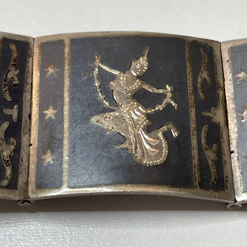 Vintage SIAM Sterling Silver 925 Panel Bracelet Enamel Niello Fan Dancers AL5.3 - Picture 10 of 20