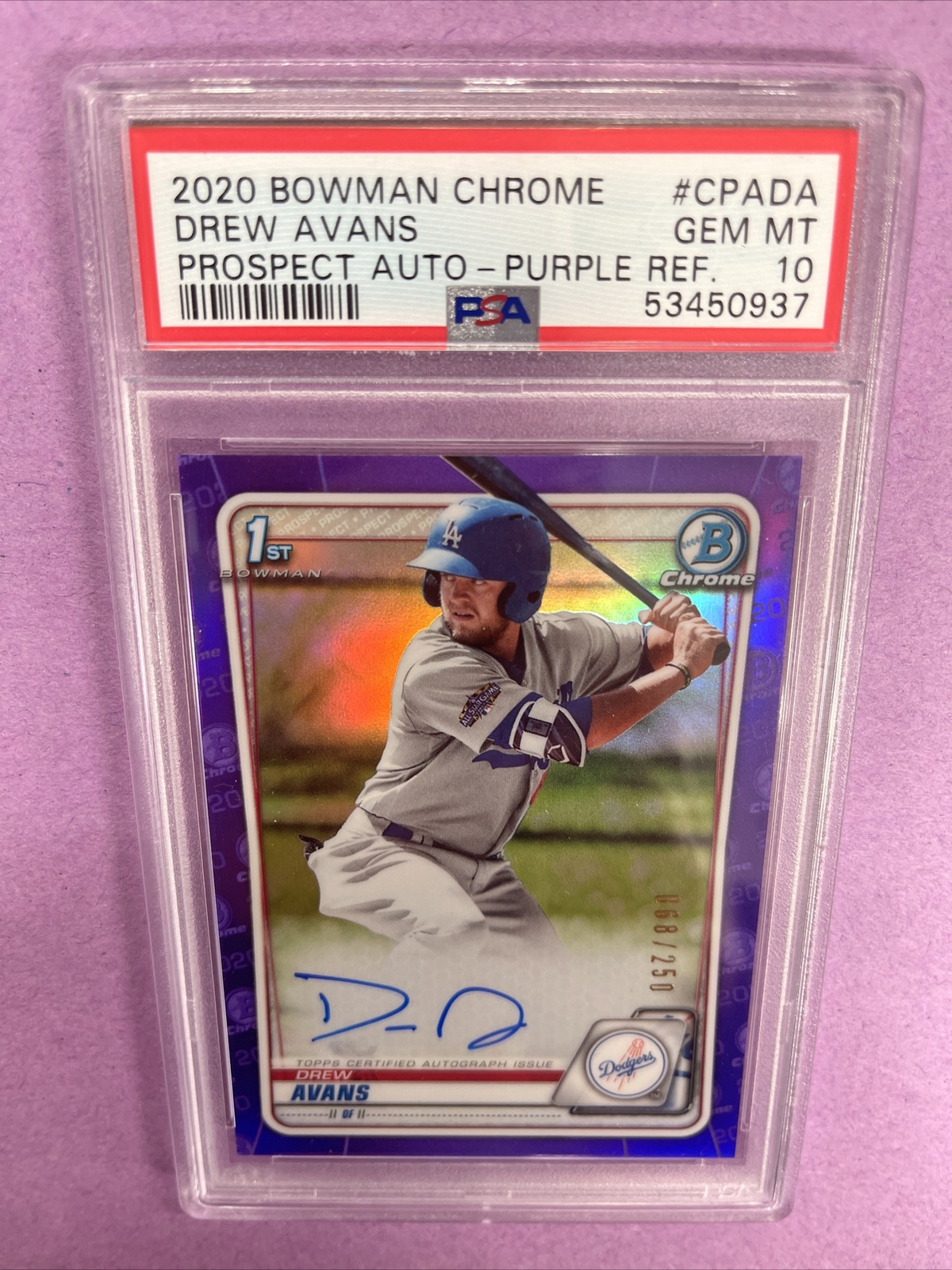 2020 Bowman Chrome Drew Avans RC Rookie Auto-PURPLE REF. /250 PSA 10 GEM MT T1