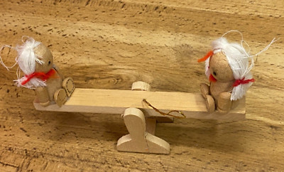 Vintage Wood Teeter Totter w Girls Christmas Ornament 4 3/4''