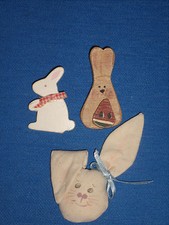Wooden Fabric Handmade Easter Bunny Pins Lot of 3 Cute Spring Holiday Brooches