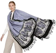 NEW Dana Xu Wool Oversized Scarf Blanket Pashmina Blue Cream Black Wrap Large