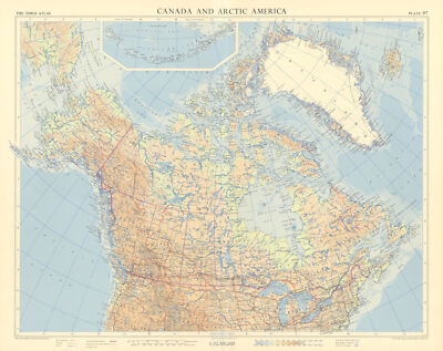 Kanada und Arktis Amerika. Grönland Alaska. TIMES 1957 alte Vintage Kartenkarte