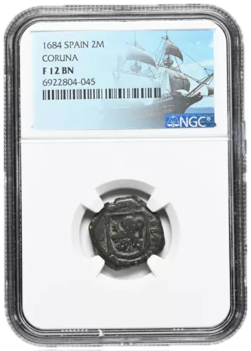 COLONIAL ERA SPAIN. Carlos II, 1684. Cob 2 Maravedis, Coruna, NGC F12 BN