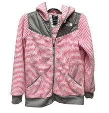 The North Face Girls Oso Pink  White Striped Fleece Hooded Jacket SZ L 14/16 