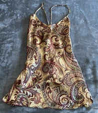 Vintage Val Mode Lingerie Gold Brown Green Satin Sexy Strappy Size S/M