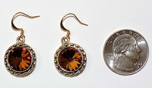 Rivoli 12mm Tabac Topaz Swarovski Crystal Dangle Drop Earrings Gold Plated Wires - Picture 4 of 5