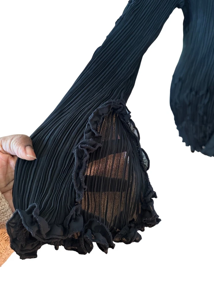 Blusa negra plisada transparente volantes dramática manga campana plisada Y2k talla M-1X LEER Foto 4 de 4