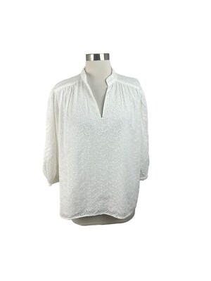 Draper James RSVP NEW White Eyelet V Neck 3/4 Sleeve Blouse Size Large