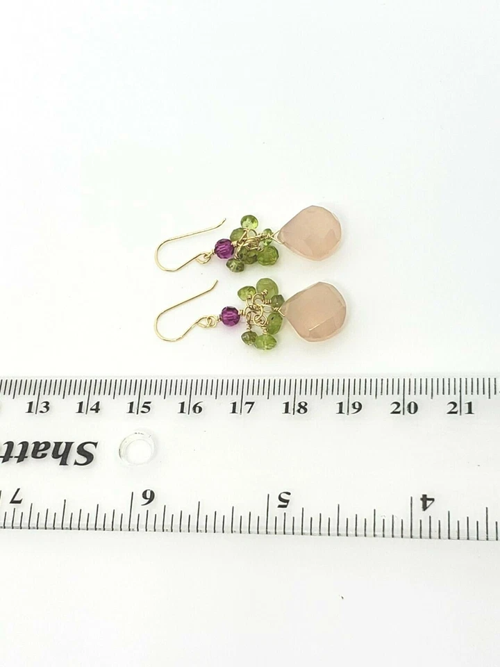 14k Yellow Gold Rose Quartz Briolette, Peridot, Pink Swarovski Dangle Earrings - Image 3 of 3