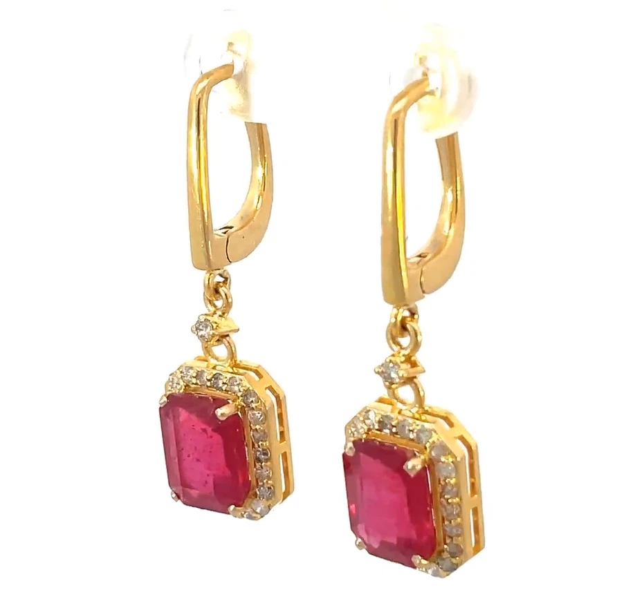 Vintage Victorian Pave Diamond & Red Ruby Earrings Gold Ruby Wedding Jewelry - Image 3 of 4