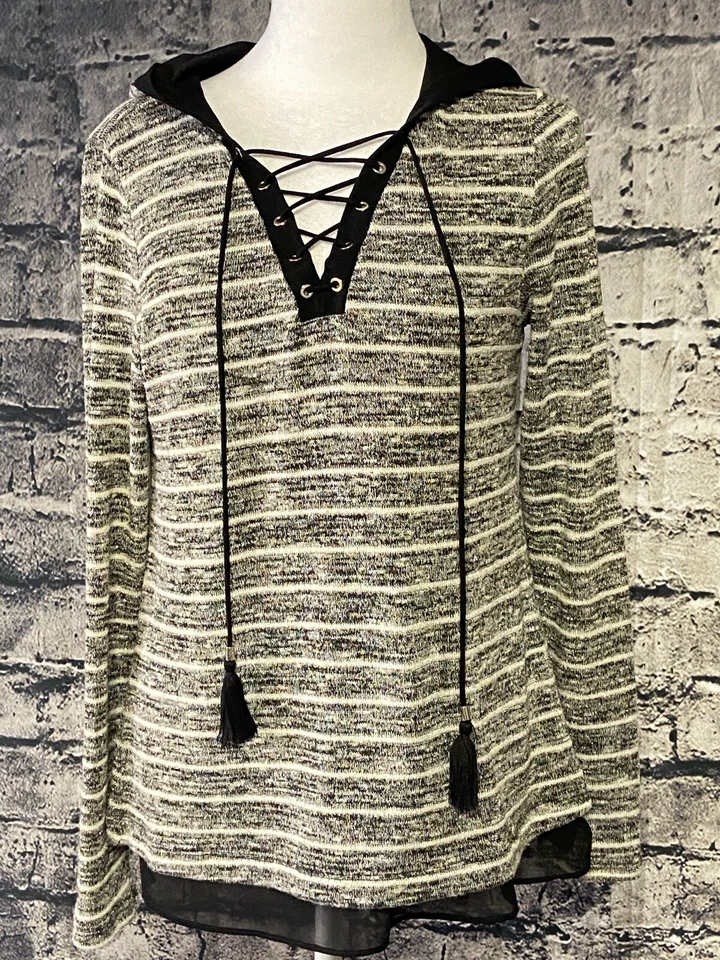 Suéter con capucha para mujer White House Black Market pequeño gris a rayas suave relax Foto 2 de 4